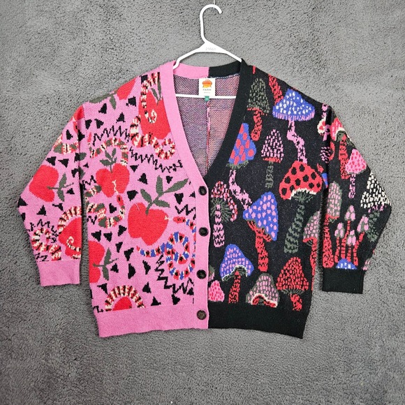 FARM Rio Sweaters - Farm Rio Mixed Print Mushroom Apple Snake Cardigan Sweater Pink Black Womens M